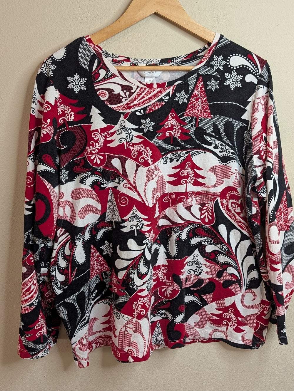 CJ Banks Holiday Christmas Top | Plus Size 1X | Festive Print | Long Sleeve